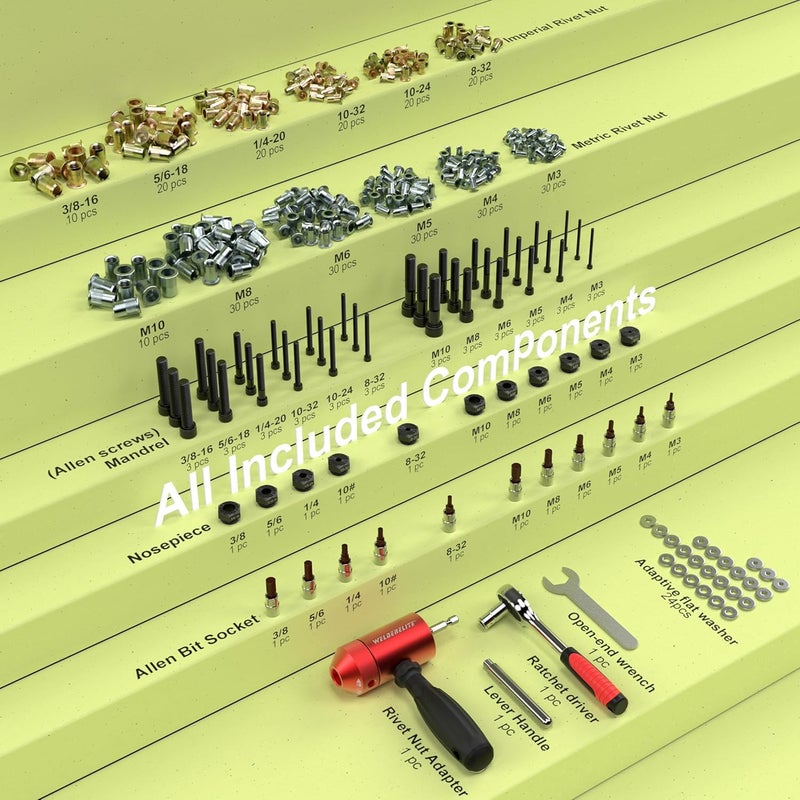 WelderElite Store Rivet Nut Drill Adapter Kit - Dual Drive Modes: Drill/Ratchet, with 270pcs Nuts & 36pcs Mandrels (red) - Image 2